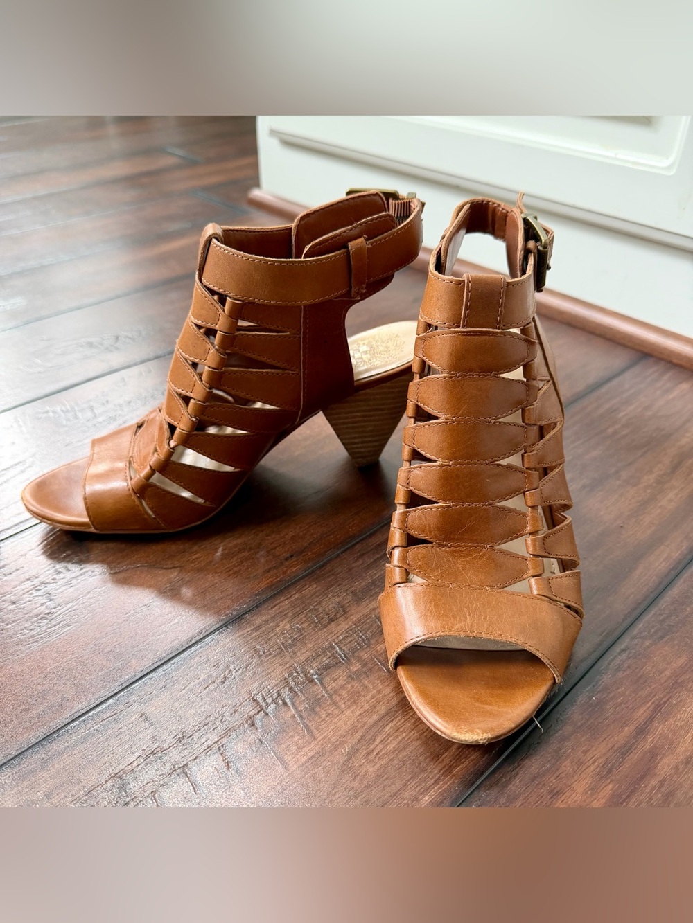 Vince Camuto Cognac Strappy Block Leather Heel Sandals